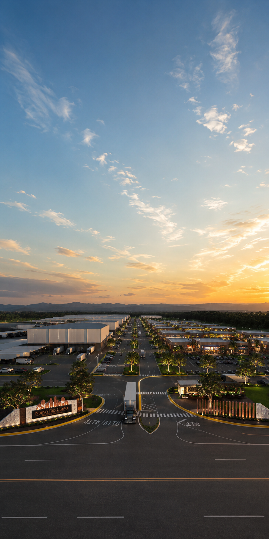 Vista aérea al atardecer del acceso principal de Nuevo Río Claro, con bodegas, frente comercial y bulevar arbolado